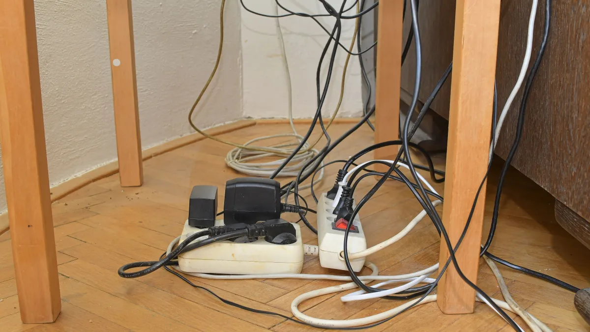Prodlužovačka se zástrčkami mezi spletí kabelů na podlaze