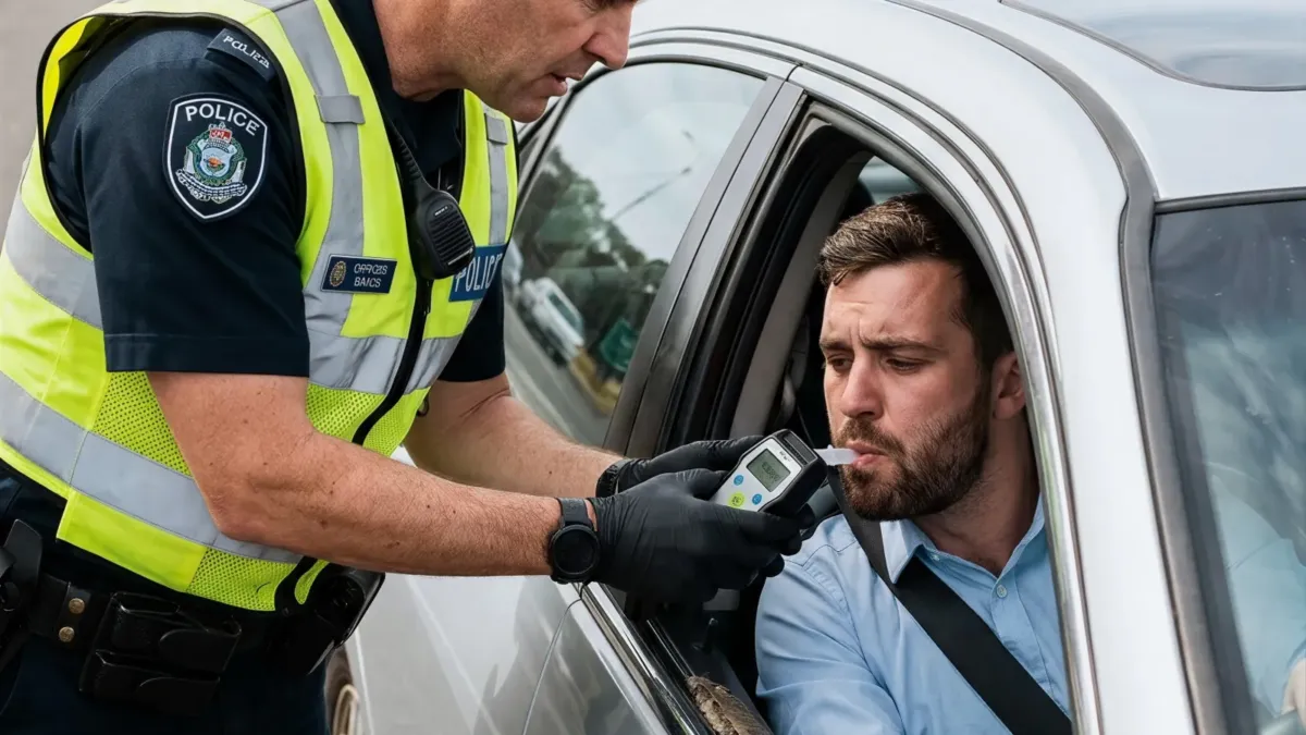 Policista provádí u silnice dechovou zkoušku řidiče